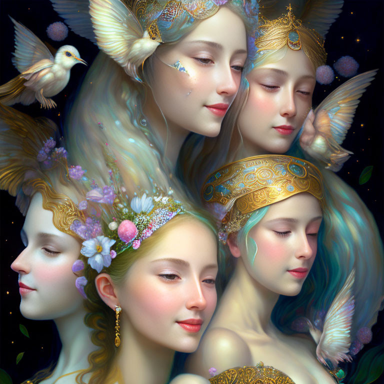 Four serene faces with golden headpieces and birds on starry background