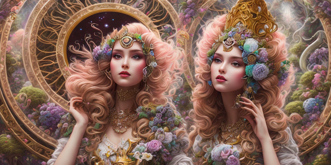 Elaborate golden hairpieces on twin fantasy women in mystical floral setting