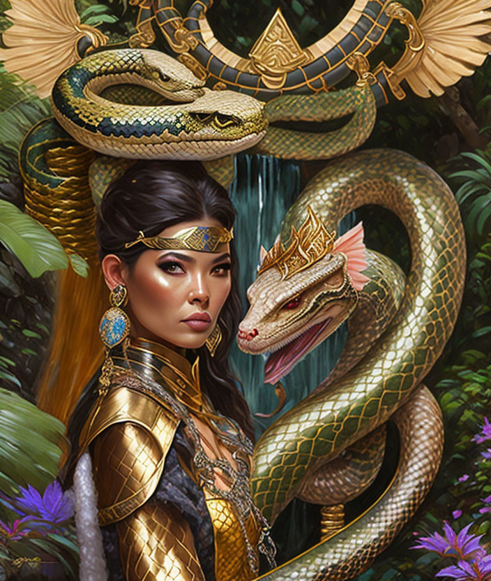 Golden armored warrior woman with serpent motifs in lush jungle setting