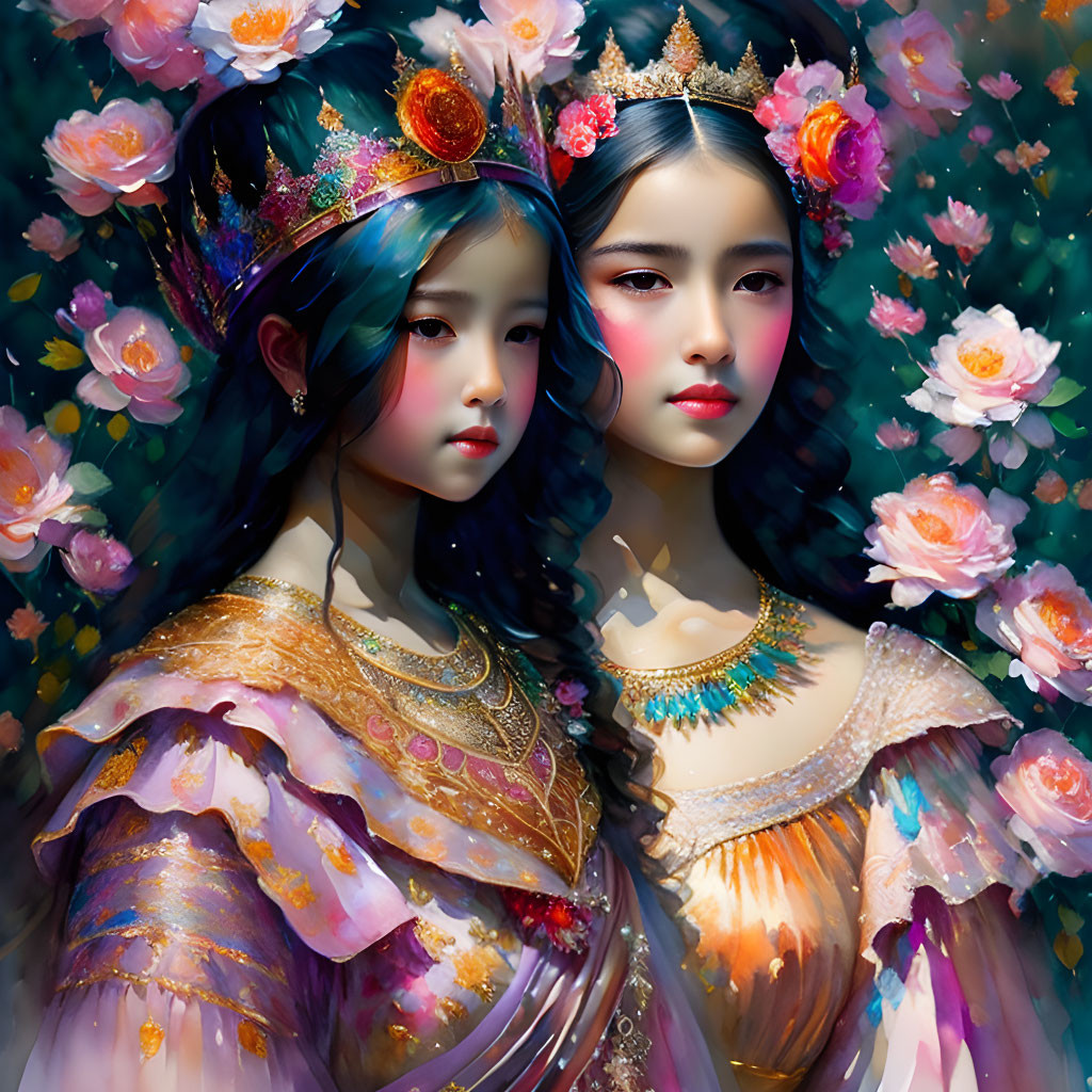 Two women in royal attire with crowns and jewelry, surrounded by vibrant flowers.