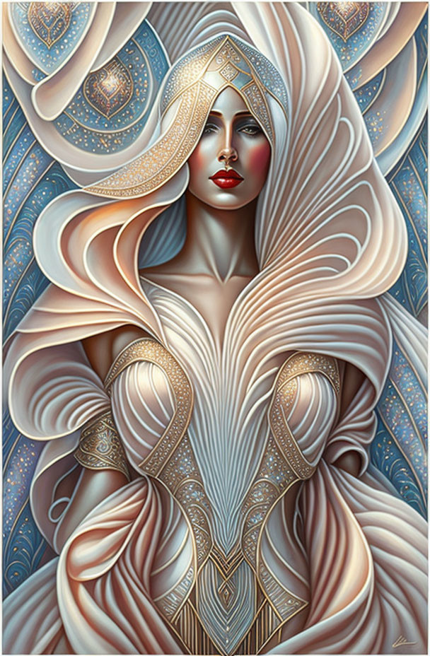 Stylized woman illustration with flowing hair and robes in golden and blue patterns