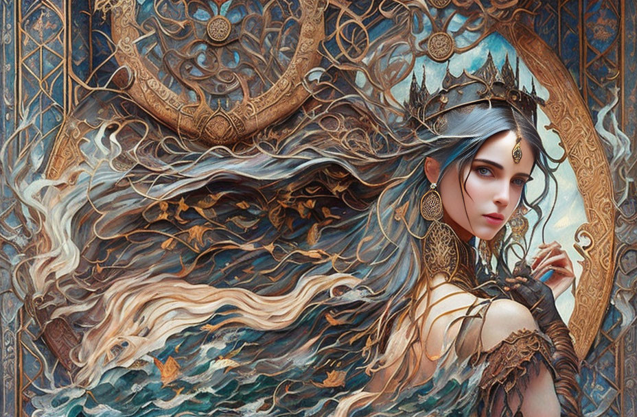 Fantasy queen illustration with flowing hair, crown, and golden patterns