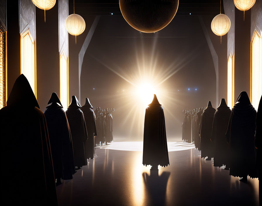 Mysterious figures in cloaks in dimly lit corridor with spherical lights