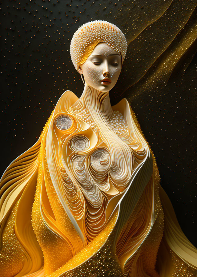 Detailed illustration of a serene woman in textured cap and golden robe