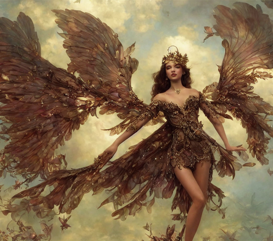 Majestic woman with brown wings and golden gown in cloudy setting