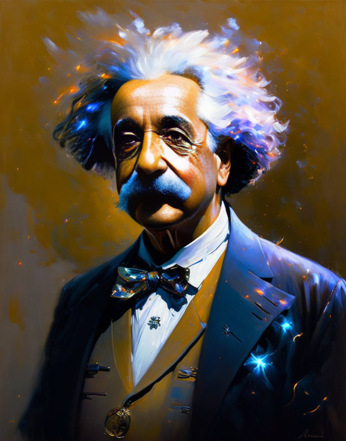 Vibrant portrait of man with wild hair in smart suit, amidst cosmic backdrop