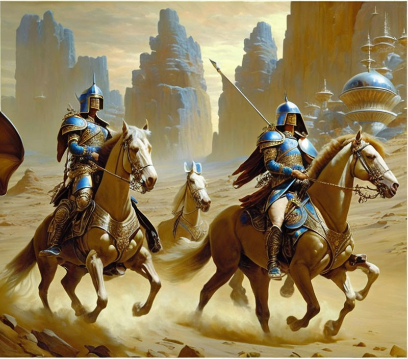 Armored knights on horseback in futuristic desert landscape