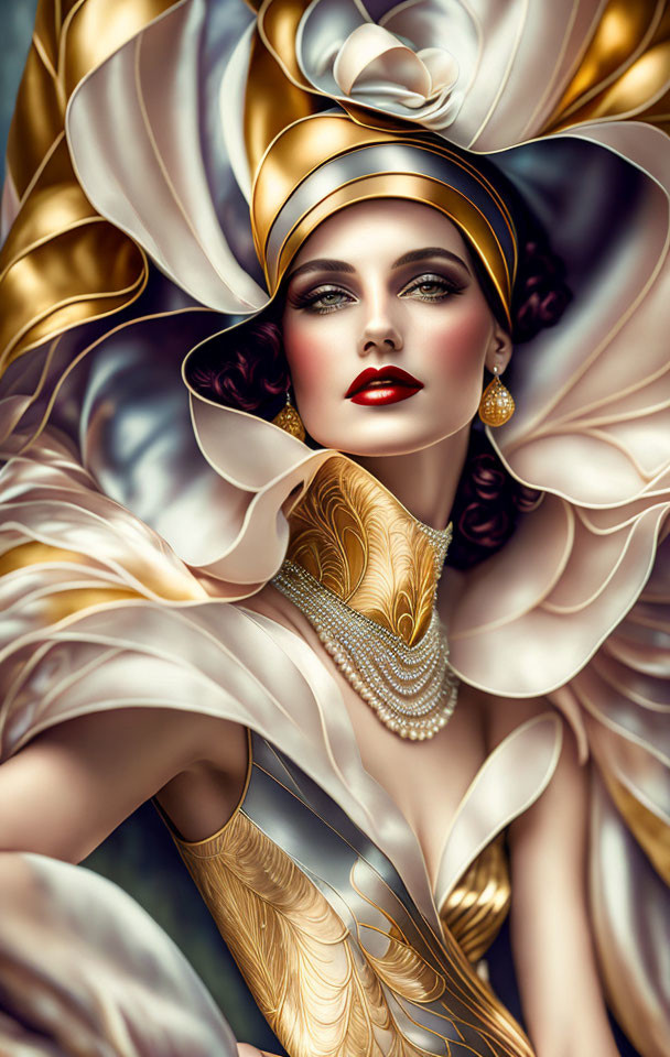 Illustrated woman with 1920s makeup in golden headpiece amid white and gold swirls