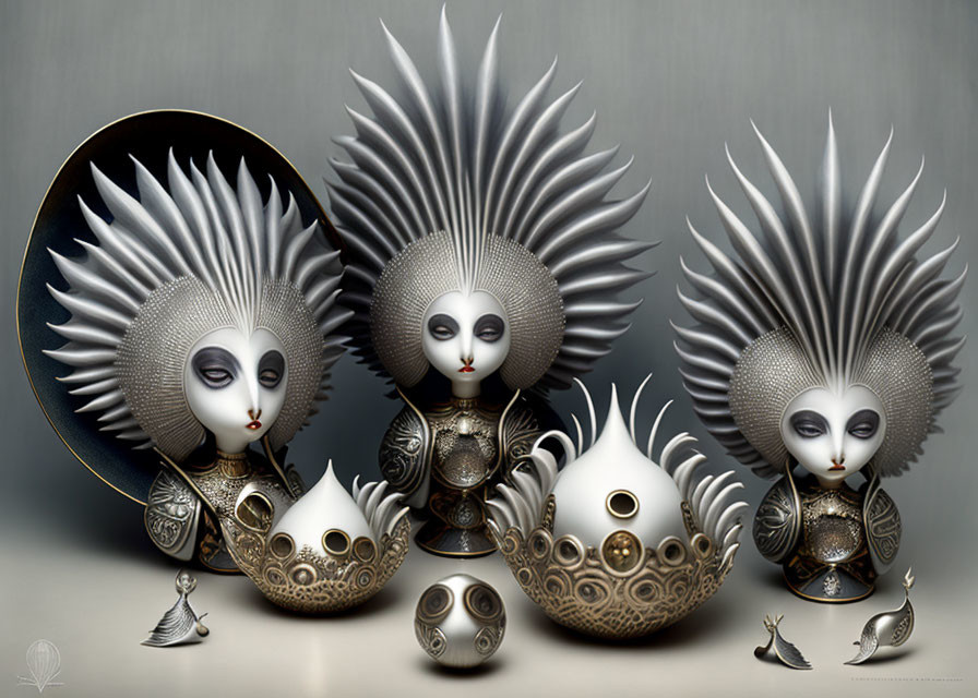Ornate humanoid figures with porcupine-like headpieces and intricate patterns on muted background
