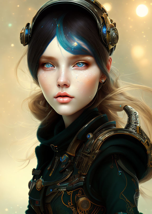 Digital artwork: Woman with blue eyes, futuristic headphones, green jacket on golden backdrop