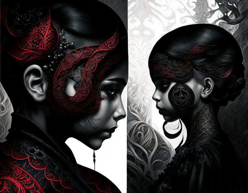 Stylized digital artwork: Two mirror-image portraits of a woman with red and black designs on face