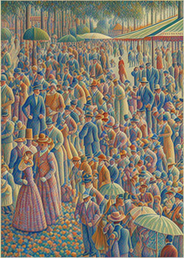 Pointillist Painting of Crowded Outdoor Scene with 19th-Century Attire