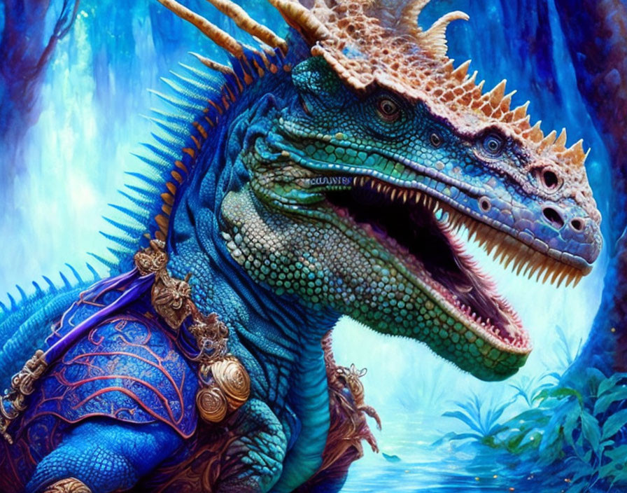 Detailed Illustration of Majestic Blue Dragon in Ornate Armor Among Mystical Forest