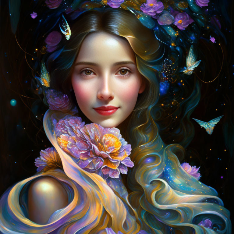 Fantasy portrait of woman with flowing hair, flowers, butterflies, rich colors