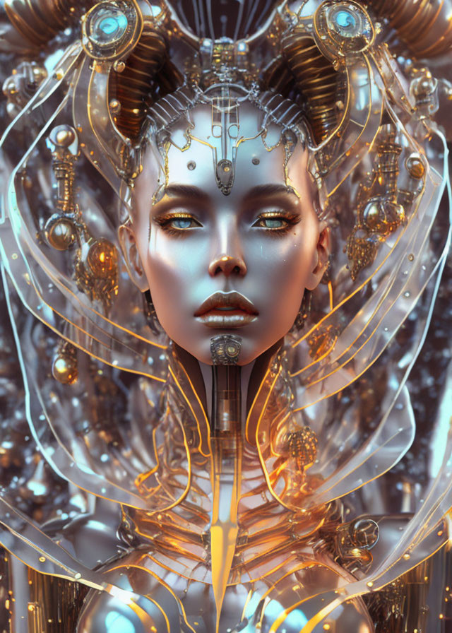 Female Android Digital Artwork with Gold and Bronze Headgear