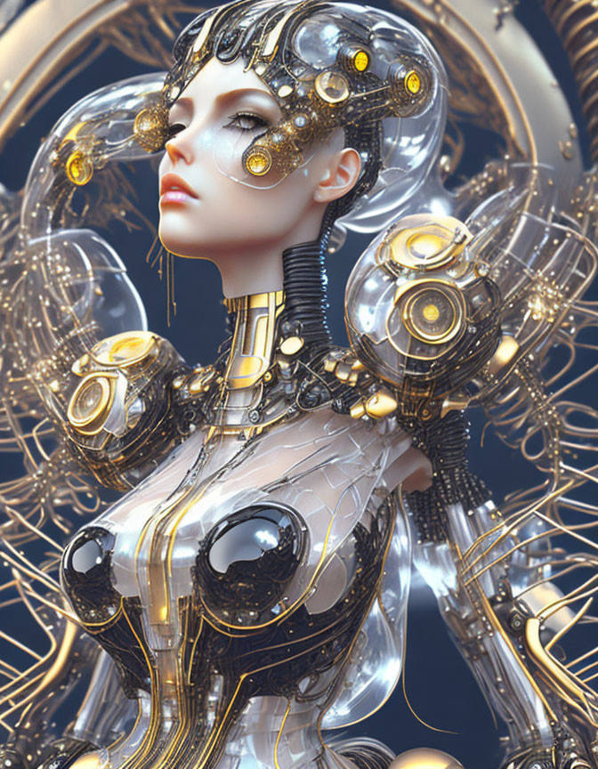 Futuristic female android with golden gears and circuitry