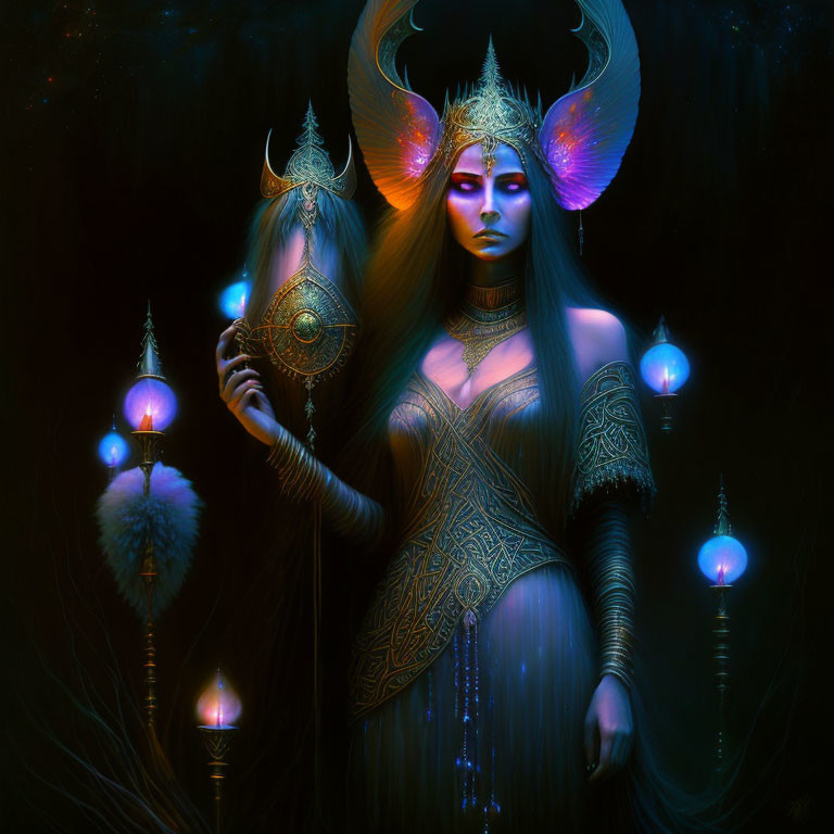 Elaborately horned female figure in golden armor with staff amidst blue lights