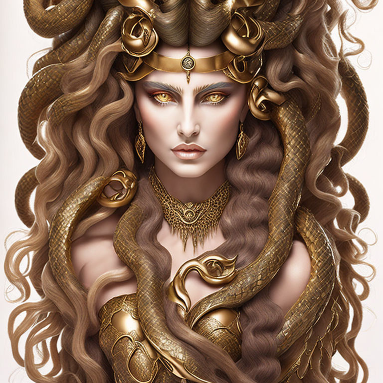 Illustrated woman with golden snake ornaments and intricate jewelry exudes mythical regal aura