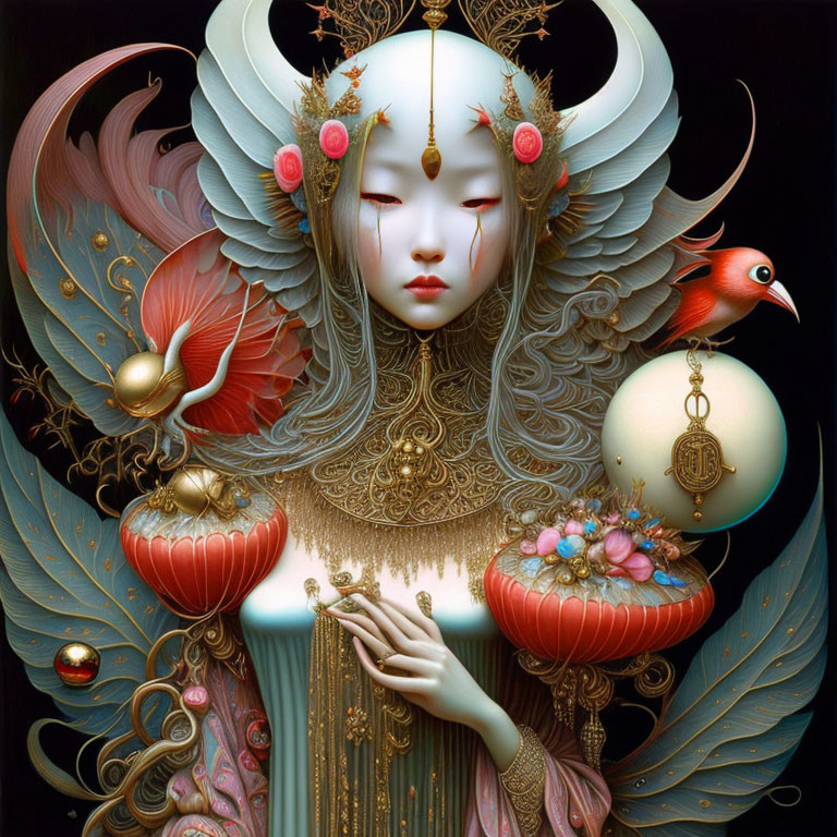 Surrealist artwork: Pale figure with gold and red details, red bird, and fantastical elements