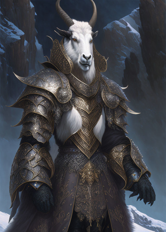 Anthropomorphic goat character in medieval armor against snowy mountain.
