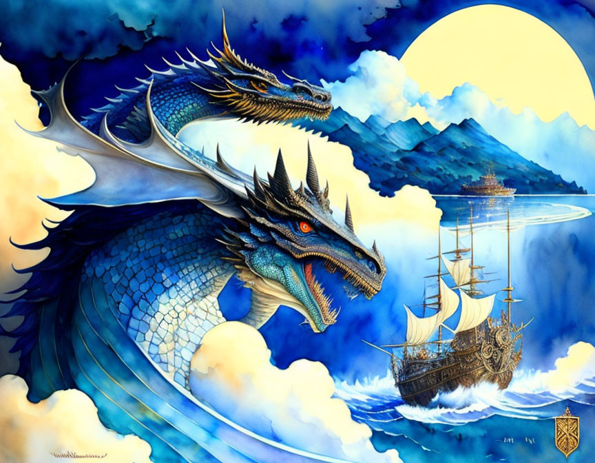 Majestic blue dragon overseeing ship near mountains under yellow sun