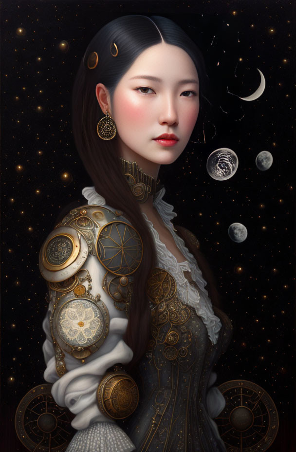 Stylized portrait of woman with celestial ornaments and steampunk shoulder piece