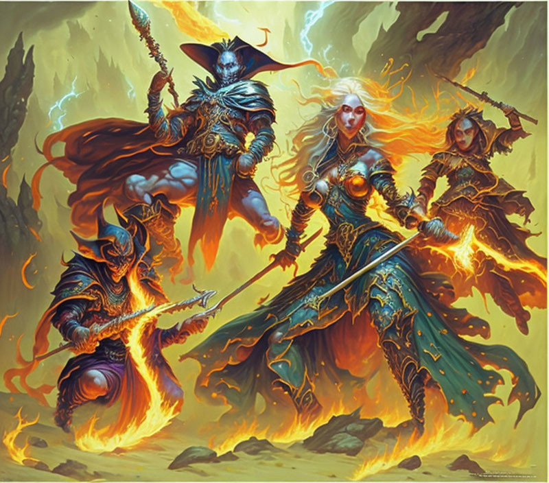 Three Armored Warriors with Fiery Sword in Mystical Setting
