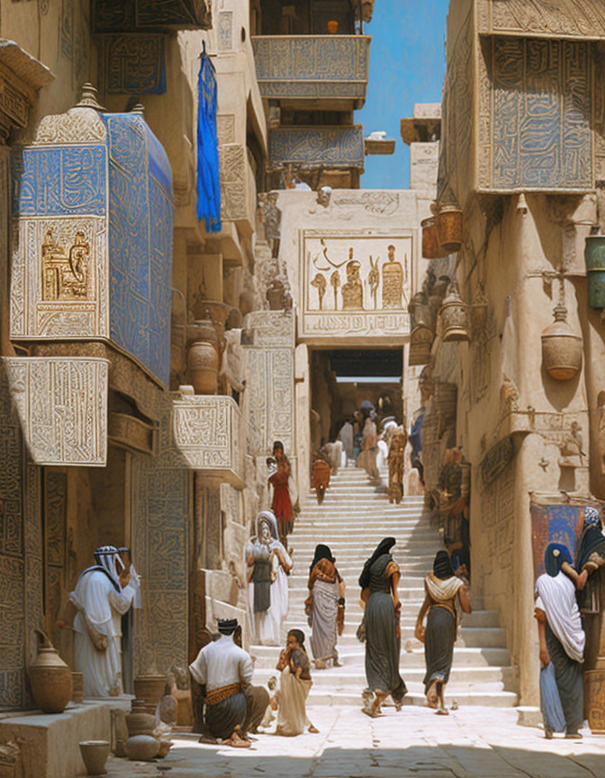 Vibrant ancient Egyptian market street with ornate hieroglyph walls