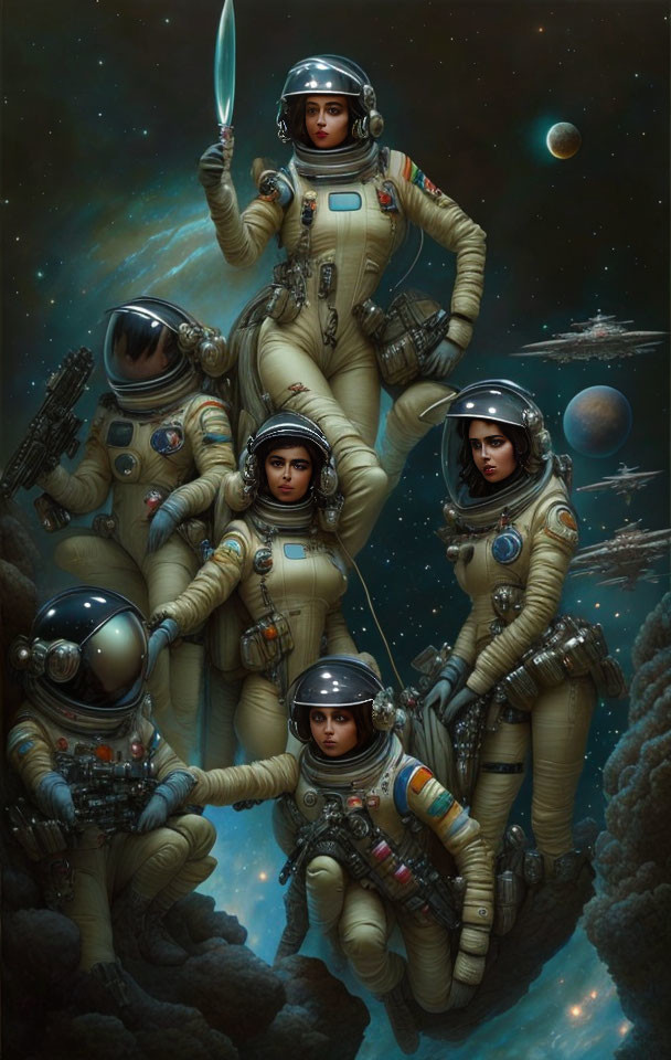 Astronauts in space suits with glowing sword among celestial bodies