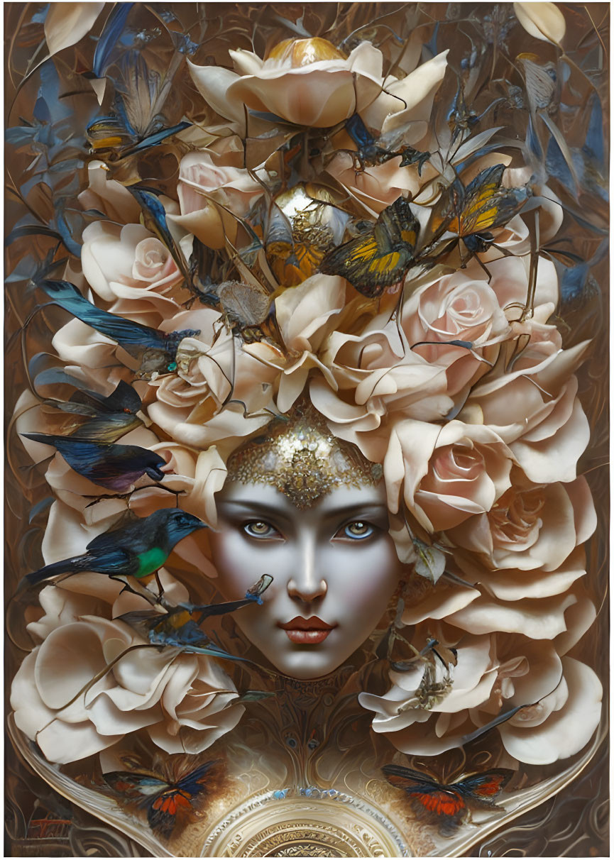 Surreal painting: woman's face in bouquet with birds and butterflies
