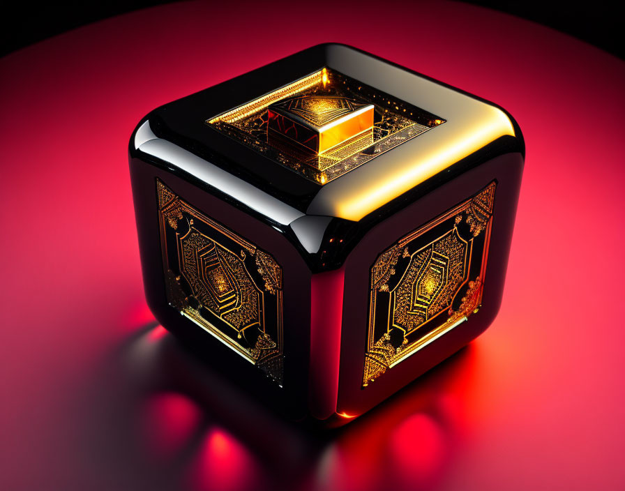 Intricate Golden Circuit Patterns on Black Cube Against Red Background