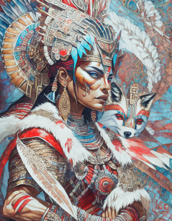 Illustrated woman in tribal attire with stylized fox on cool-toned background
