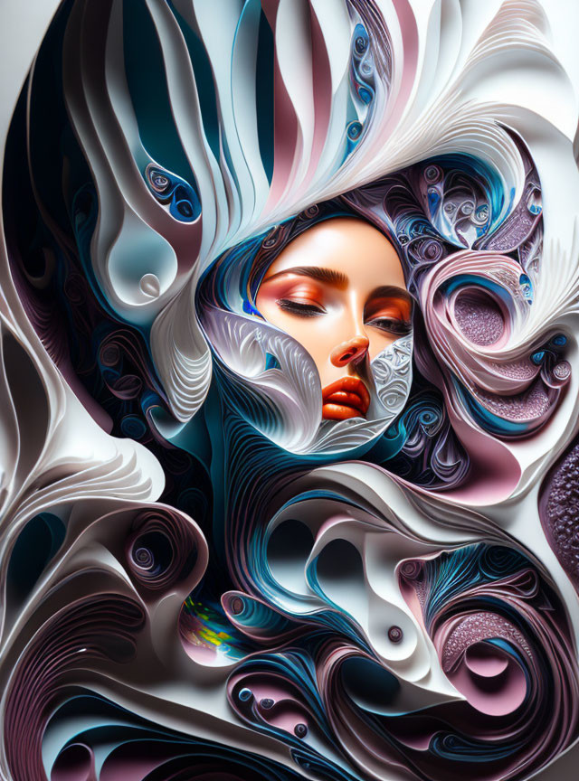 Abstract digital artwork: Woman's face in blue, white, and purple swirls