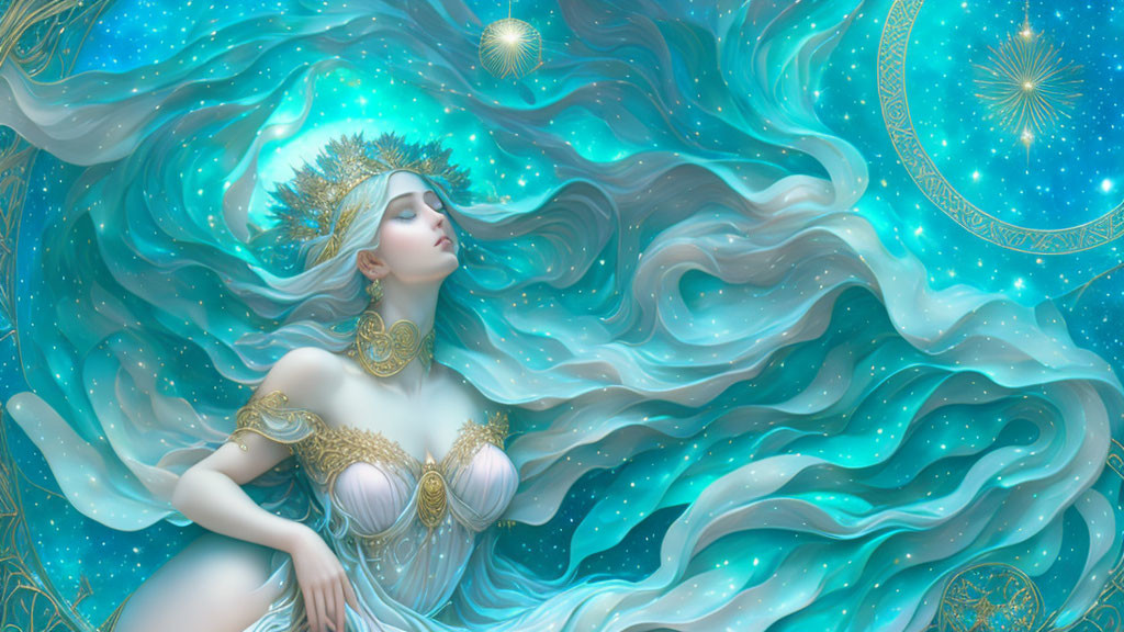 Fantasy illustration of woman with star-adorned hair in cosmic setting
