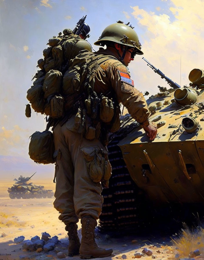Soldier walking next to tank in sunny desert environment