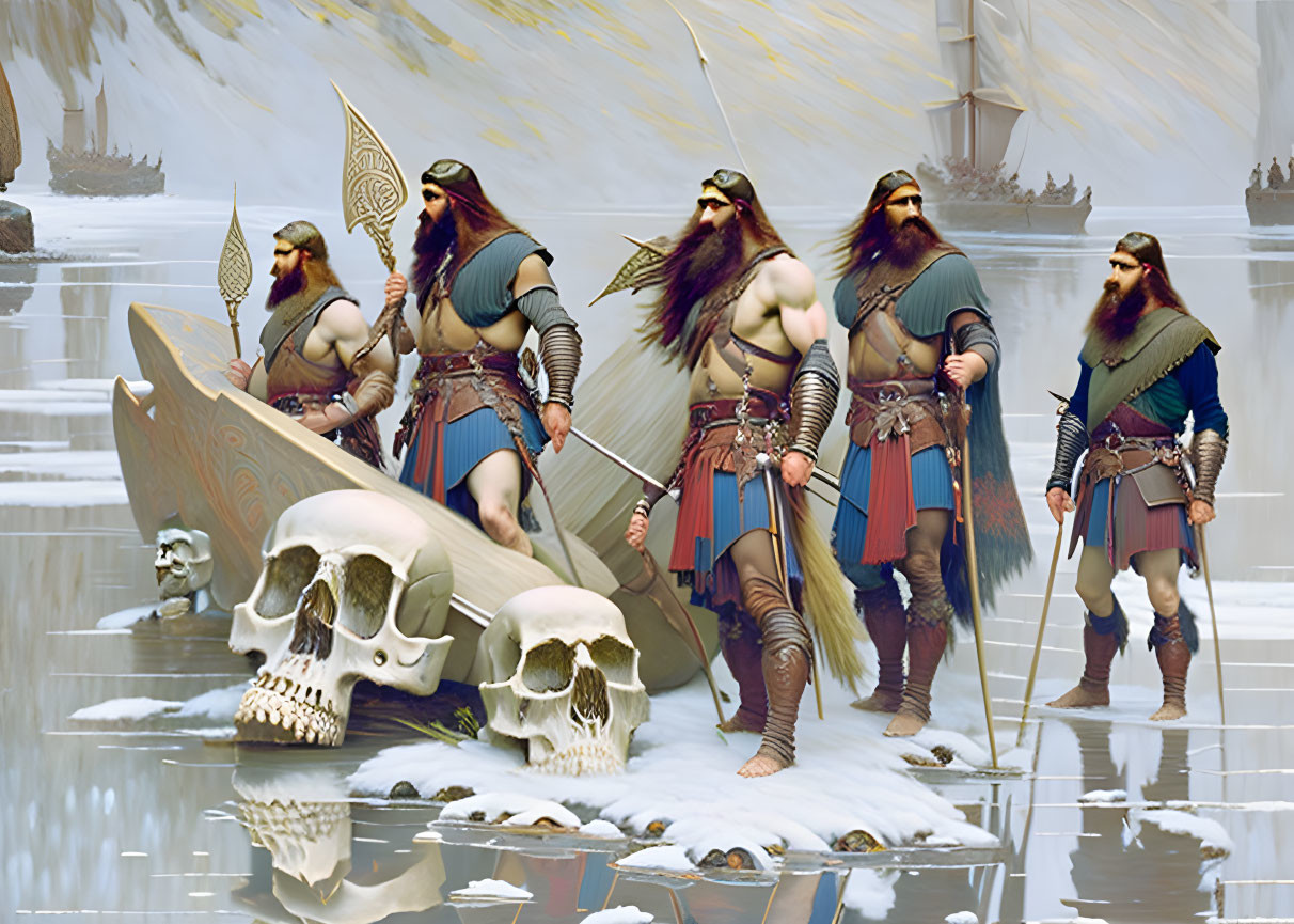 Four bearded warriors and dragon-head boat on icy landscape with skulls