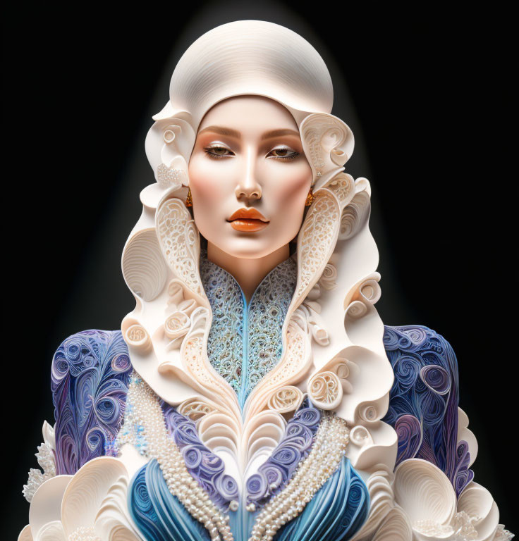3D illustration of woman in ornate paper-like sculptural attire