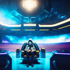 Mysterious cloaked figure in futuristic room with glowing lights and monoliths