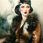 Vintage Style Portrait of Elegant Woman with Black Hat and Fur Stole