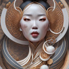 Digital Artwork: Woman with Pale Skin and Dark Hair in Ornate Golden Headgear