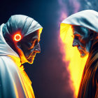 Two hooded figures in patterned masks in colorful light.