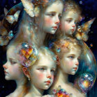 Four serene faces with golden headpieces and birds on starry background