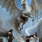 Winged unicorn soaring with warrior and maiden in awe