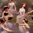 Eight ballet dancers in white costumes with red floral headpieces in an impressionistic setting.