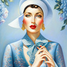 Stylized digital portrait of a woman in white and blue attire with gold earrings