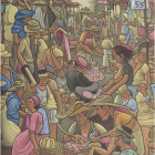 Pointillist Painting of Crowded Outdoor Scene with 19th-Century Attire