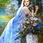 Ethereal woman in blue veil with bouquet against floral backdrop