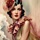 Vintage Hat Portrait of Woman with Floral Adornments