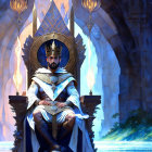 Majestic figure on throne in fantasy setting with blue light and intricate armor