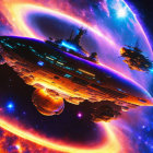 Colorful Sci-Fi Scene: Large Spaceships in Interstellar Space